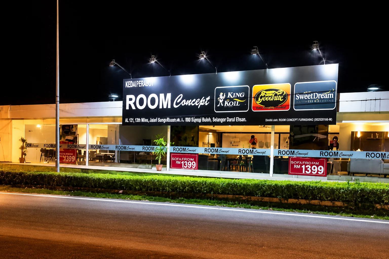 Room Concept Furnishing Sungai Buloh showroom storefront at night